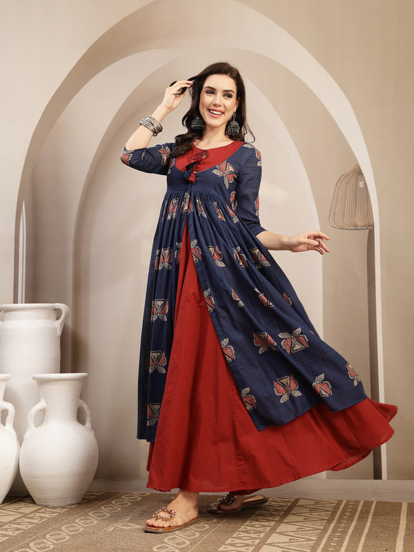 Gulmohar Jaipur Cotton Calf Length Printed 3/4 Sleeve Round Neck Flared Kurta