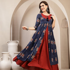Gulmohar Jaipur Cotton Calf Length Printed 3/4 Sleeve Round Neck Flared Kurta