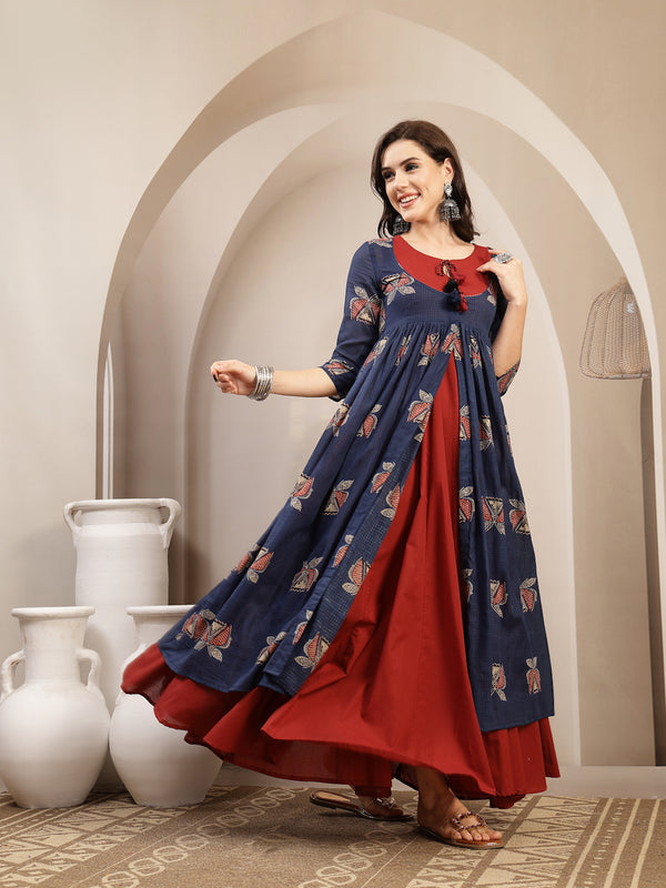 Gulmohar Jaipur Cotton Calf Length Printed 3/4 Sleeve Round Neck Flared Kurta