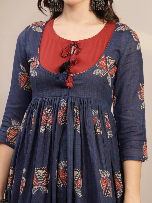 Gulmohar Jaipur Cotton Calf Length Printed 3/4 Sleeve Round Neck Flared Kurta