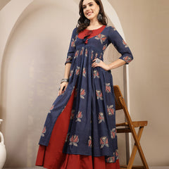 Gulmohar Jaipur Cotton Calf Length Printed 3/4 Sleeve Round Neck Flared Kurta