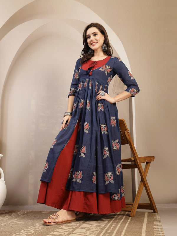 Gulmohar Jaipur Cotton Calf Length Printed 3/4 Sleeve Round Neck Flared Kurta