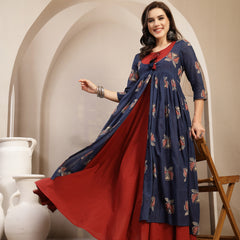 Gulmohar Jaipur Cotton Calf Length Printed 3/4 Sleeve Round Neck Flared Kurta