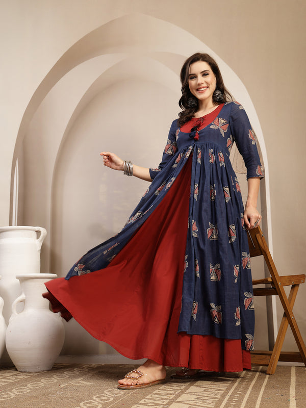 Gulmohar Jaipur Cotton Calf Length Printed 3/4 Sleeve Round Neck Flared Kurta