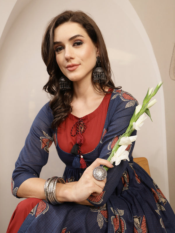 Gulmohar Jaipur Cotton Calf Length Printed 3/4 Sleeve Round Neck Flared Kurta
