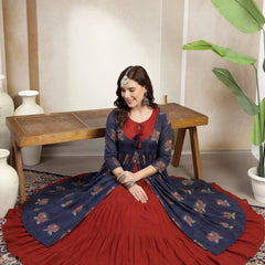Gulmohar Jaipur Cotton Calf Length Printed 3/4 Sleeve Round Neck Flared Kurta