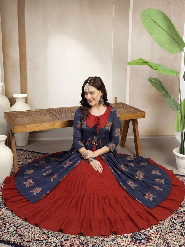 Gulmohar Jaipur Cotton Calf Length Printed 3/4 Sleeve Round Neck Flared Kurta