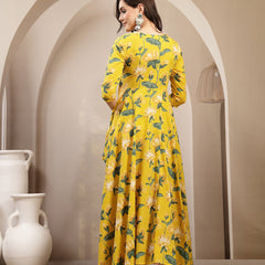 Gulmohar Jaipur Cotton Calf Length Printed 3/4 Sleeve V-Neck Flared Kurta