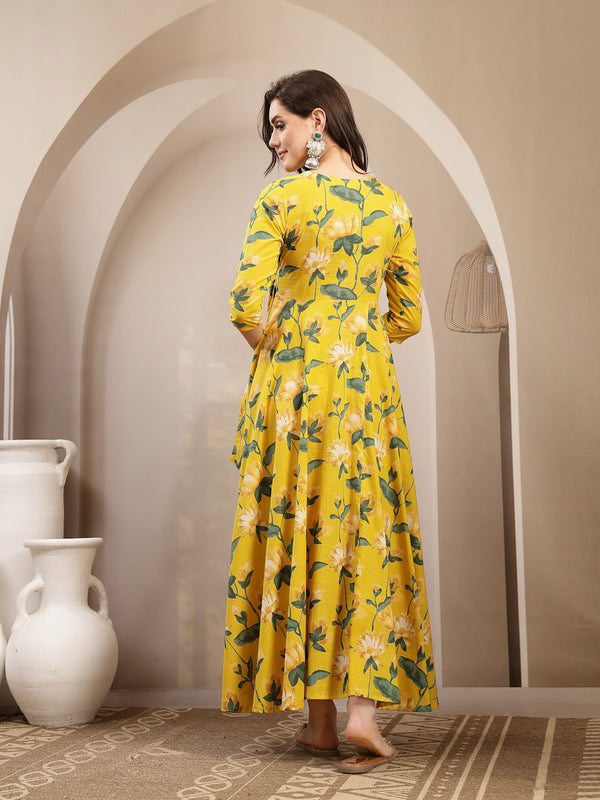 Gulmohar Jaipur Cotton Calf Length Printed 3/4 Sleeve V-Neck Flared Kurta