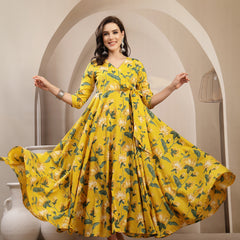 Gulmohar Jaipur Cotton Calf Length Printed 3/4 Sleeve V-Neck Flared Kurta