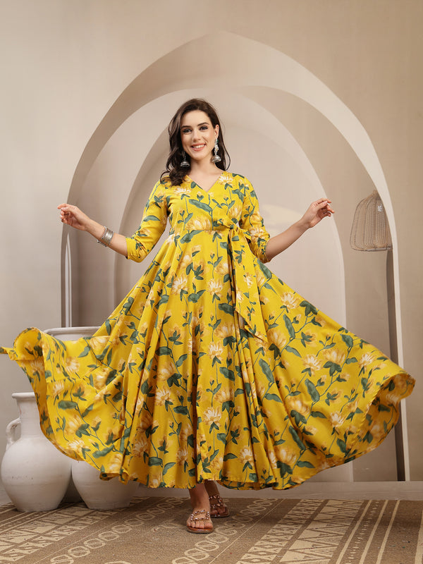Gulmohar Jaipur Cotton Calf Length Printed 3/4 Sleeve V-Neck Flared Kurta