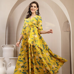 Gulmohar Jaipur Cotton Calf Length Printed 3/4 Sleeve V-Neck Flared Kurta