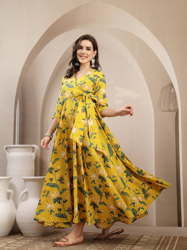 Gulmohar Jaipur Cotton Calf Length Printed 3/4 Sleeve V-Neck Flared Kurta