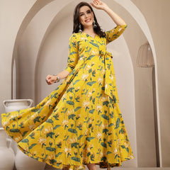 Gulmohar Jaipur Cotton Calf Length Printed 3/4 Sleeve V-Neck Flared Kurta