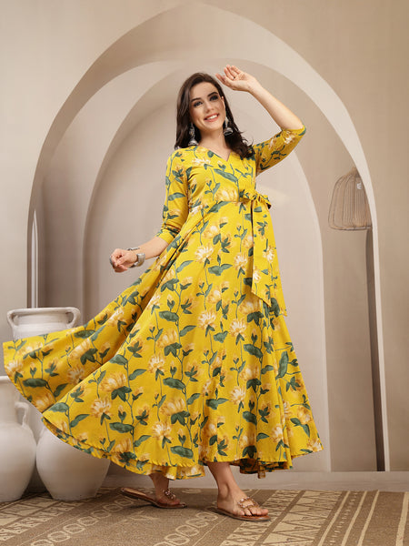 Gulmohar Jaipur Cotton Calf Length Printed 3/4 Sleeve V-Neck Flared Kurta