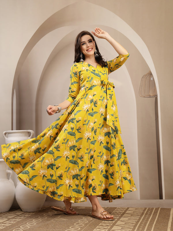 Gulmohar Jaipur Cotton Calf Length Printed 3/4 Sleeve V-Neck Flared Kurta