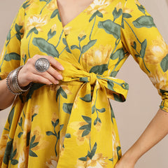 Gulmohar Jaipur Cotton Calf Length Printed 3/4 Sleeve V-Neck Flared Kurta