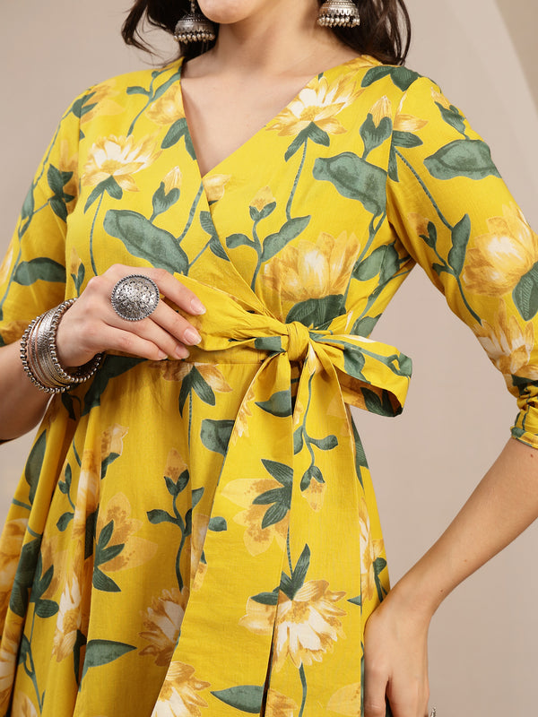 Gulmohar Jaipur Cotton Calf Length Printed 3/4 Sleeve V-Neck Flared Kurta