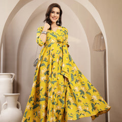 Gulmohar Jaipur Cotton Calf Length Printed 3/4 Sleeve V-Neck Flared Kurta