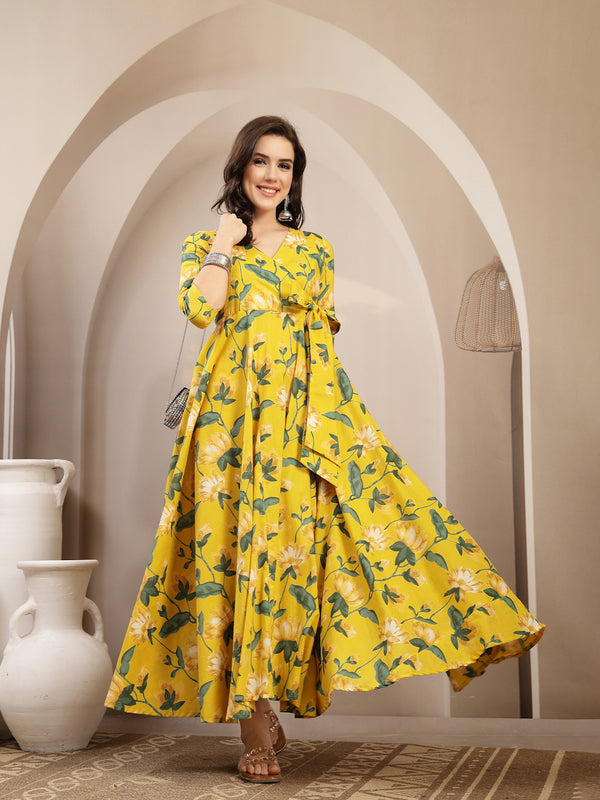 Gulmohar Jaipur Cotton Calf Length Printed 3/4 Sleeve V-Neck Flared Kurta
