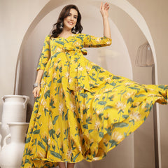 Gulmohar Jaipur Cotton Calf Length Printed 3/4 Sleeve V-Neck Flared Kurta