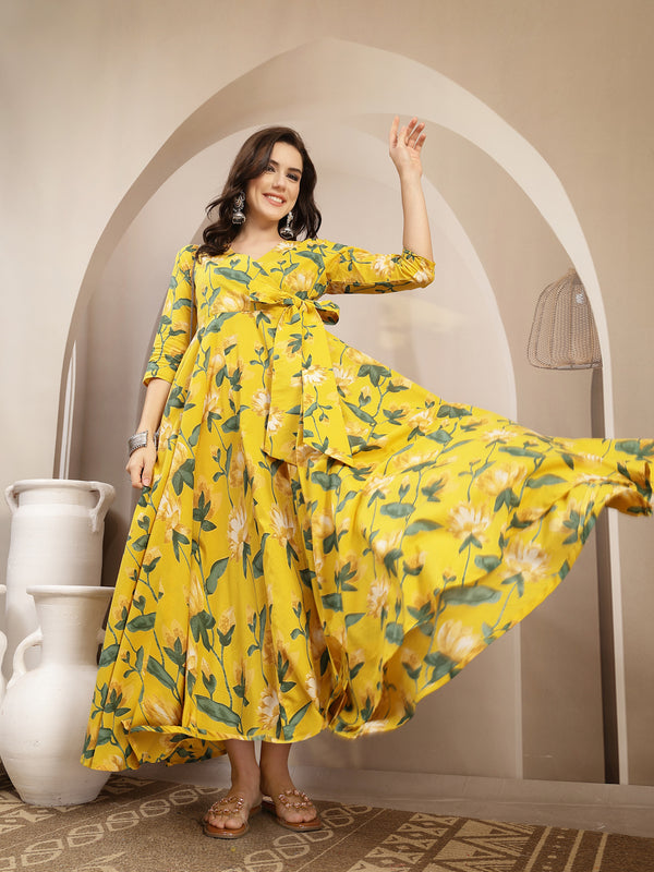 Gulmohar Jaipur Cotton Calf Length Printed 3/4 Sleeve V-Neck Flared Kurta