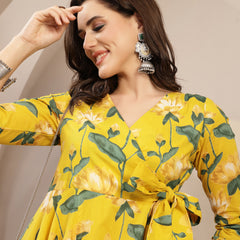 Gulmohar Jaipur Cotton Calf Length Printed 3/4 Sleeve V-Neck Flared Kurta