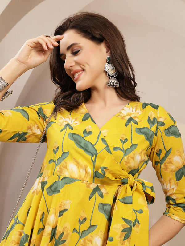 Gulmohar Jaipur Cotton Calf Length Printed 3/4 Sleeve V-Neck Flared Kurta
