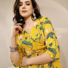 Gulmohar Jaipur Cotton Calf Length Printed 3/4 Sleeve V-Neck Flared Kurta