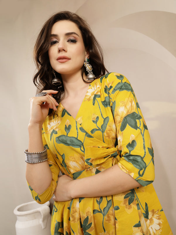 Gulmohar Jaipur Cotton Calf Length Printed 3/4 Sleeve V-Neck Flared Kurta