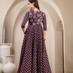 Gulmohar Jaipur Cotton Calf Length Printed 3/4 Sleeve Key Hole Neck Flared Kurta