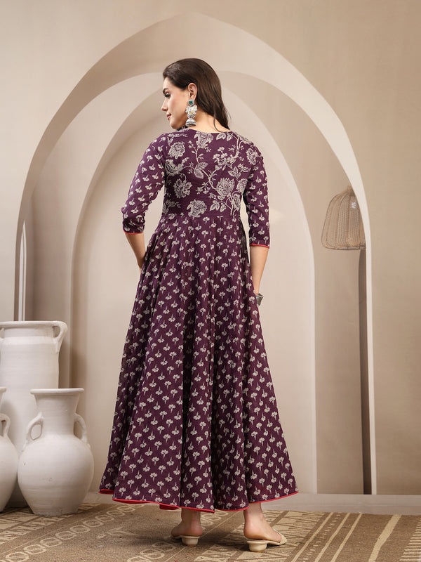Gulmohar Jaipur Cotton Calf Length Printed 3/4 Sleeve Key Hole Neck Flared Kurta