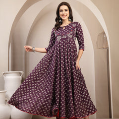 Gulmohar Jaipur Cotton Calf Length Printed 3/4 Sleeve Key Hole Neck Flared Kurta