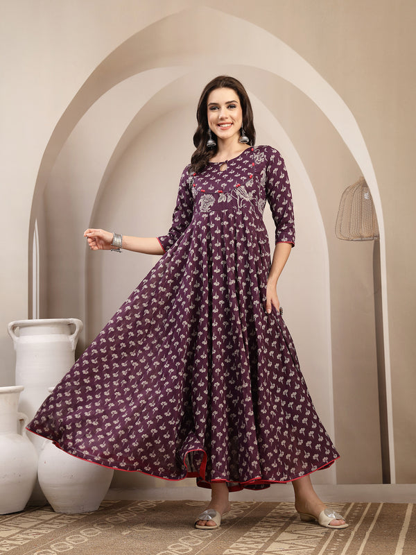 Gulmohar Jaipur Cotton Calf Length Printed 3/4 Sleeve Key Hole Neck Flared Kurta