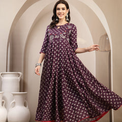 Gulmohar Jaipur Cotton Calf Length Printed 3/4 Sleeve Key Hole Neck Flared Kurta