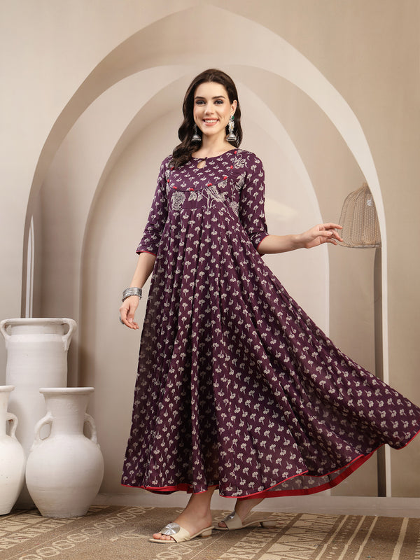 Gulmohar Jaipur Cotton Calf Length Printed 3/4 Sleeve Key Hole Neck Flared Kurta