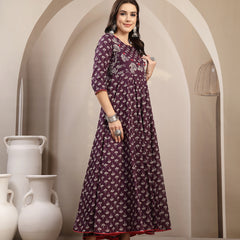 Gulmohar Jaipur Cotton Calf Length Printed 3/4 Sleeve Key Hole Neck Flared Kurta