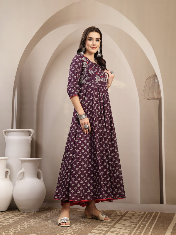 Gulmohar Jaipur Cotton Calf Length Printed 3/4 Sleeve Key Hole Neck Flared Kurta