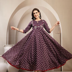Gulmohar Jaipur Cotton Calf Length Printed 3/4 Sleeve Key Hole Neck Flared Kurta