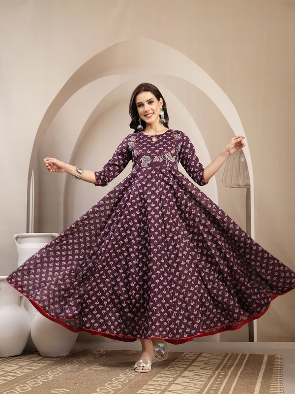 Gulmohar Jaipur Cotton Calf Length Printed 3/4 Sleeve Key Hole Neck Flared Kurta