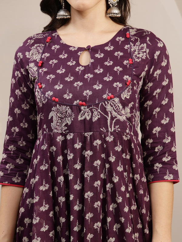 Gulmohar Jaipur Cotton Calf Length Printed 3/4 Sleeve Key Hole Neck Flared Kurta