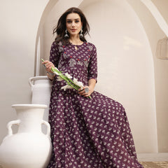 Gulmohar Jaipur Cotton Calf Length Printed 3/4 Sleeve Key Hole Neck Flared Kurta
