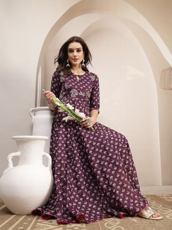 Gulmohar Jaipur Cotton Calf Length Printed 3/4 Sleeve Key Hole Neck Flared Kurta
