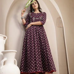 Gulmohar Jaipur Cotton Calf Length Printed 3/4 Sleeve Key Hole Neck Flared Kurta