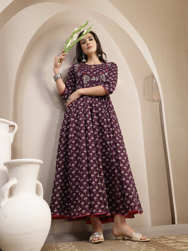 Gulmohar Jaipur Cotton Calf Length Printed 3/4 Sleeve Key Hole Neck Flared Kurta