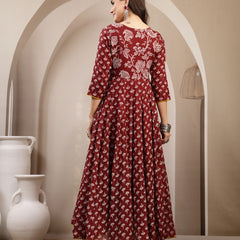 Gulmohar Jaipur Cotton Calf Length Printed 3/4 Sleeve Key Hole Neck Flared Kurta