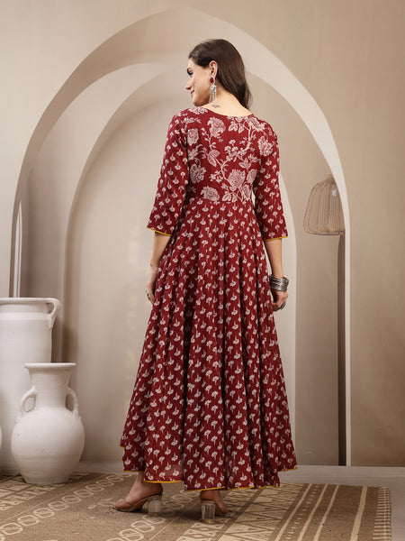 Gulmohar Jaipur Cotton Calf Length Printed 3/4 Sleeve Key Hole Neck Flared Kurta