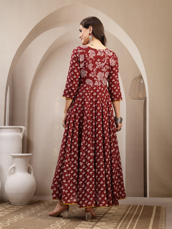 Gulmohar Jaipur Cotton Calf Length Printed 3/4 Sleeve Key Hole Neck Flared Kurta