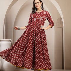 Gulmohar Jaipur Cotton Calf Length Printed 3/4 Sleeve Key Hole Neck Flared Kurta