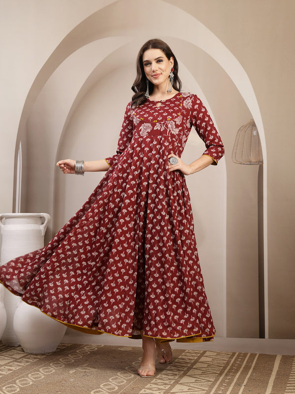 Gulmohar Jaipur Cotton Calf Length Printed 3/4 Sleeve Key Hole Neck Flared Kurta
